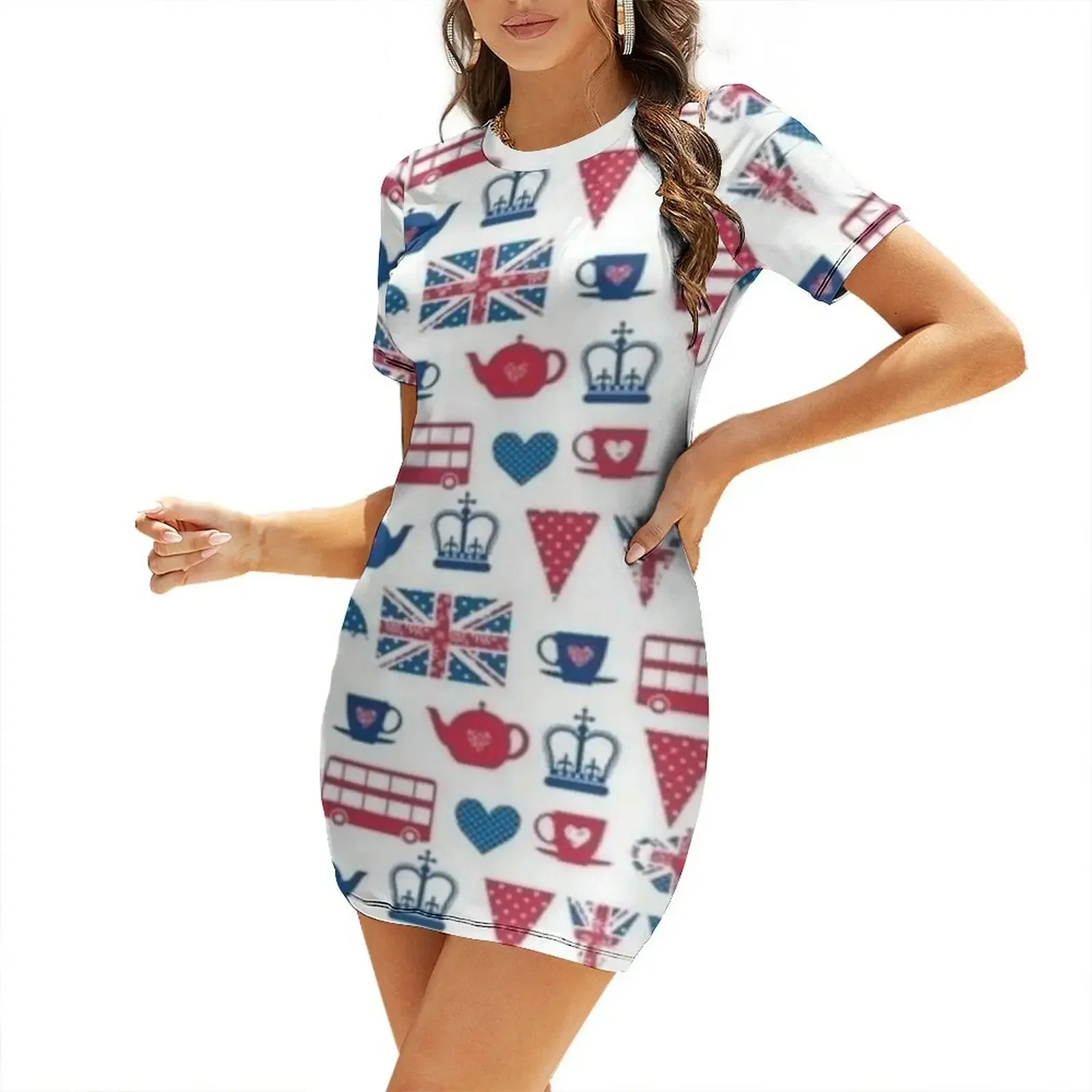 Summer Clothing Women Uk - Abito a maniche corte con motivo